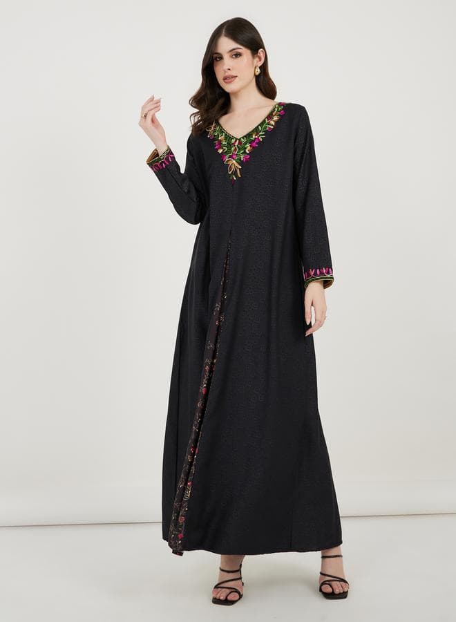 Embroidered V Neck Kaftan With Printed Panel