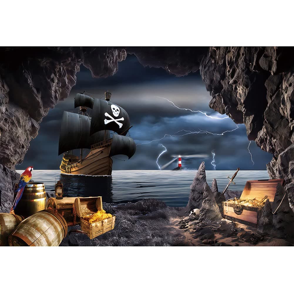 AOFOTO 7x5ft Pirate Themed Backdrop for Photography Vintage Pirate Ship Jewelry Box Barrels Rock Cave Seascape Lightning Photography Background Summer Boy Birthday Party Halloween Photo Booth Prop