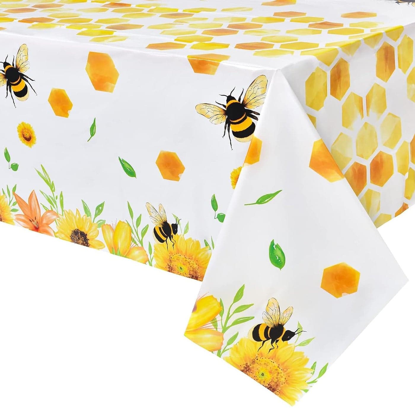 WERNNSAI Bee Tablecloth 2 Pack 108 X 54 Bee Birthday Party Decorations Happybee Day Tablecloths Disposable Plastic Table Cover Yellow Sunflow Party Decoration for Kids Girls