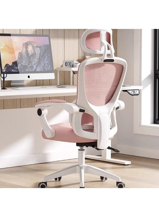 Ergonomic Reclining Office Chair with 3D Lumbar Support & Headrest – Pink Mesh White Frame