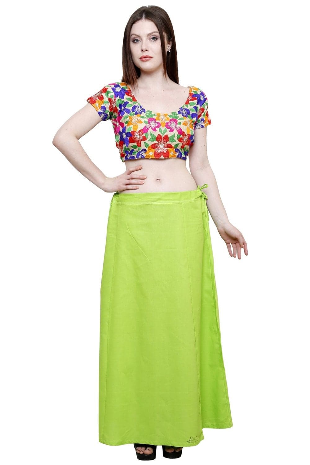 Pistaa's Women's Cotton Parrot Green Colour Readymade Solid Inskirt Saree Petticoats