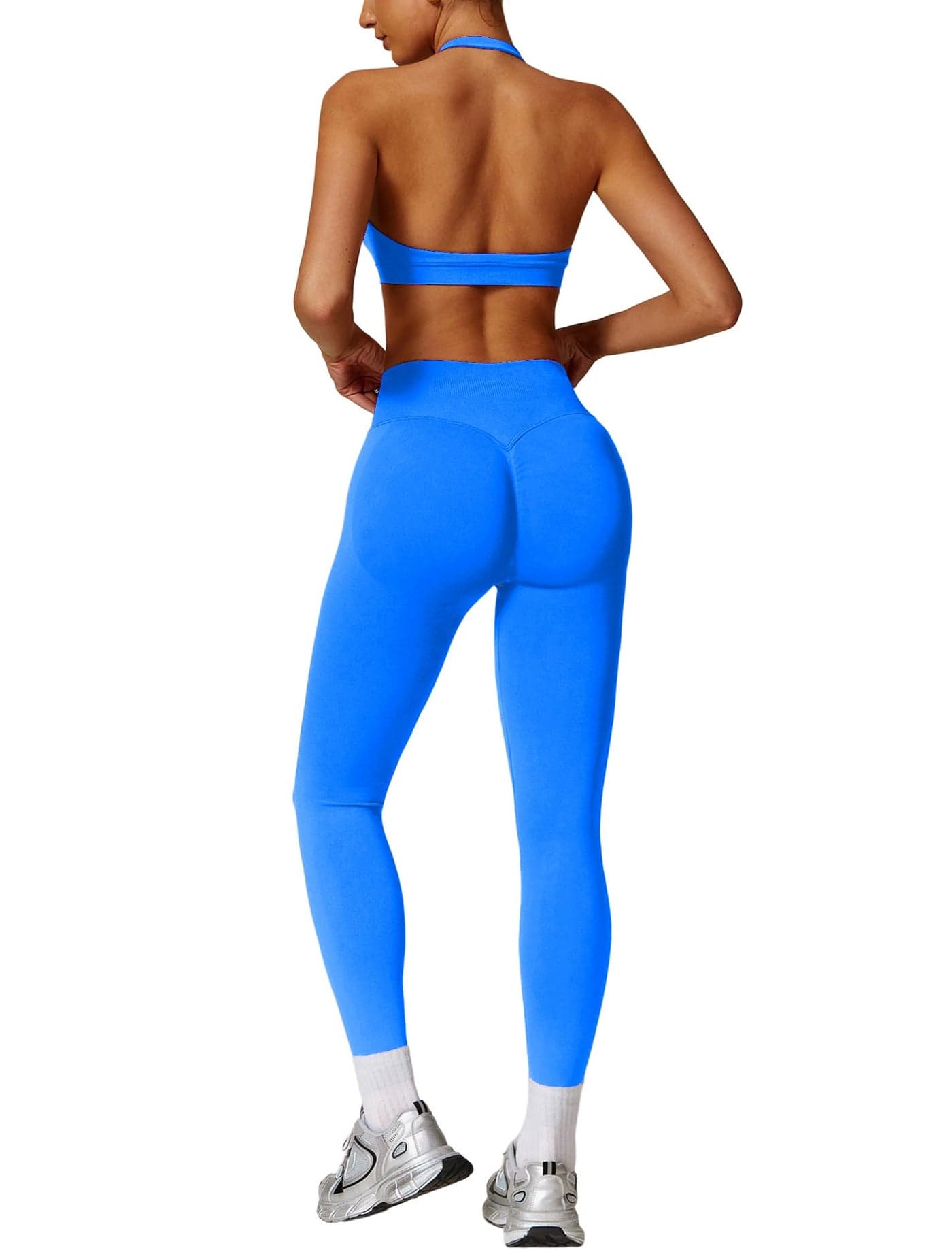 ABOCIW Workout Sets for Women Seamless High Waist Scrunch Butt Lifting Gym Leggings Yoga Pants Halter Sports Bra Yoga Exercise 2 Piece Outfits Electric Blue XSmall