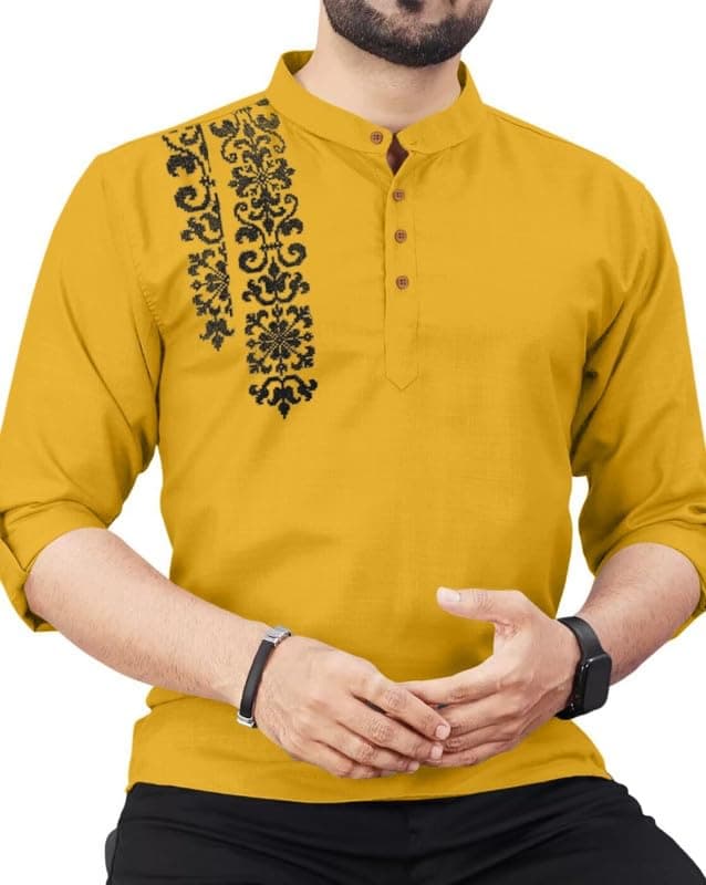FINIVO FASHION Men's Cotton Blend Kurta Style Shirt | Mandarin Collar Long Sleeve Casual Ethnic Shirt with Button Placket | Stylish Festival Gold