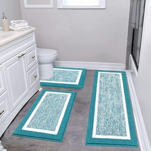 Pauwer 3 Piece Bath Mat Set, Non Slip Plush Bathroom Mats, Absorbent Shaggy Bathroom Rug Set with U-Shaped Contour Toilet Mat for Bedroom Living Room, Aqua Blue