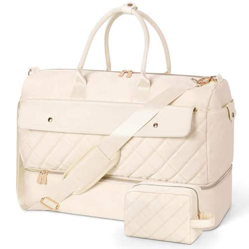 Wedama Travel Duffel Bag, Large Weekender Bag for Women with Shoe Compartment, Carry on Overnight Bag with Toiletry Makeup Bag, Gym Duffel Bag Travel Tote Bag for Travel Gym Camping Hospital, Beige