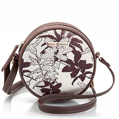 SACCI MUCCI Women's Full Moon Vegan Leather and Canvas Round Sling Bag for Women and Girls | Crossbody |Trendy | Ladies Purse | Side | Shoulder Bag (Brown)