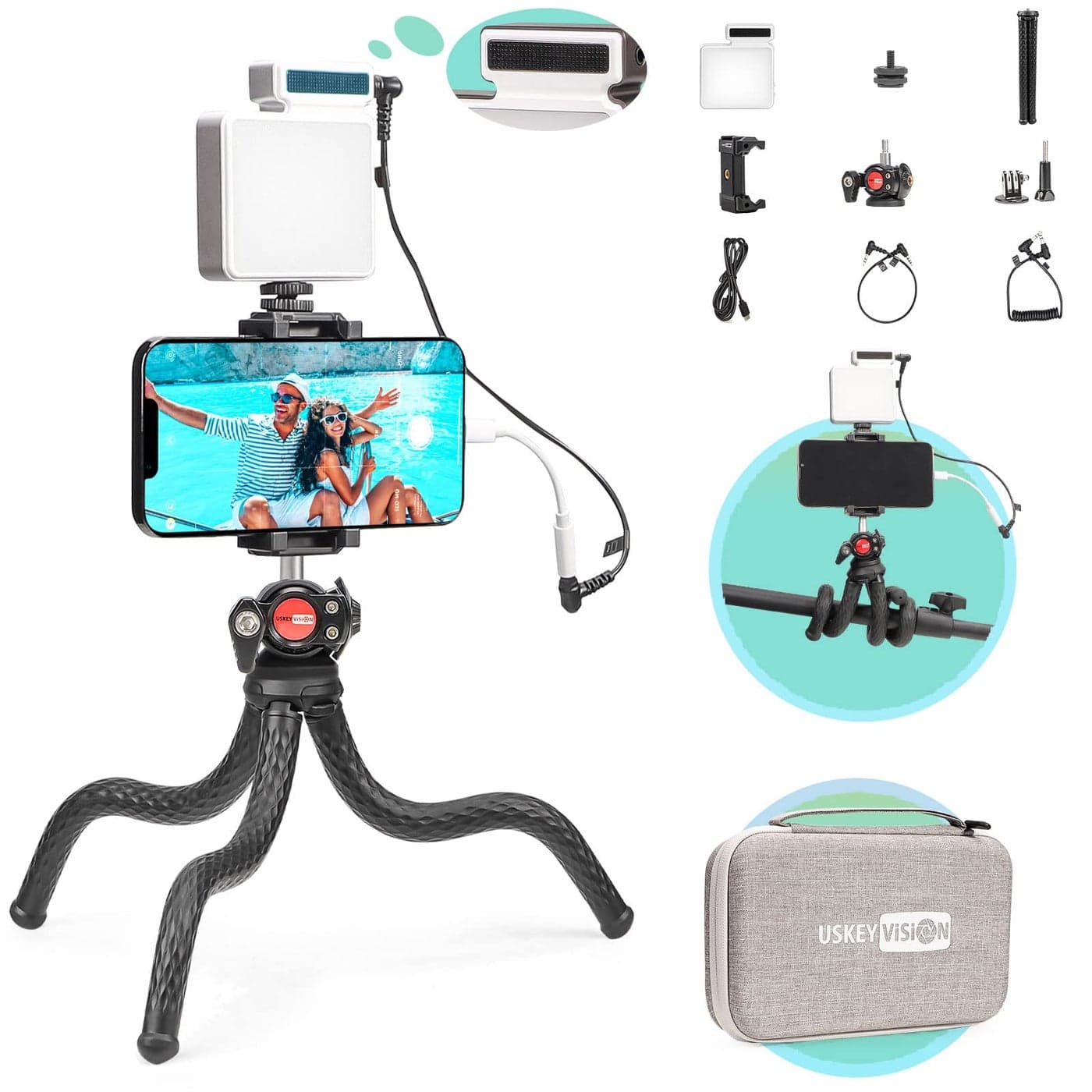 USKEYVISION FlexK4 Phone Video Kit with Builtin Microphone Led Light Flexible Tripod Vlog Kit for Youtuber and TikTok Creator Combo FlexK4