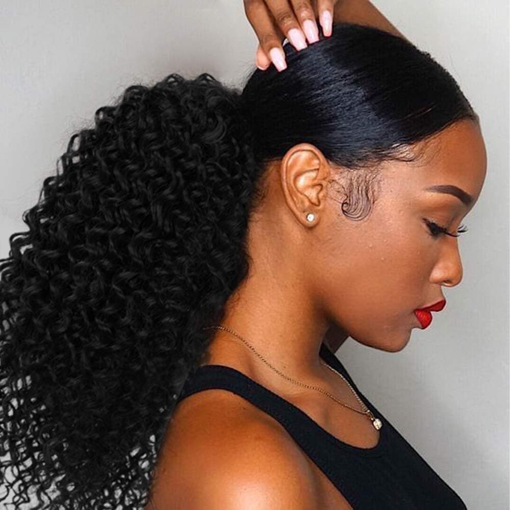 Afro Kinky Curly Ponytail for Women Drawstring Ponytail Synthetic Hair Extension Afro Drawstring Curly Pony tail with Clip in Hairpiece 1B 16 inch Pack of 1