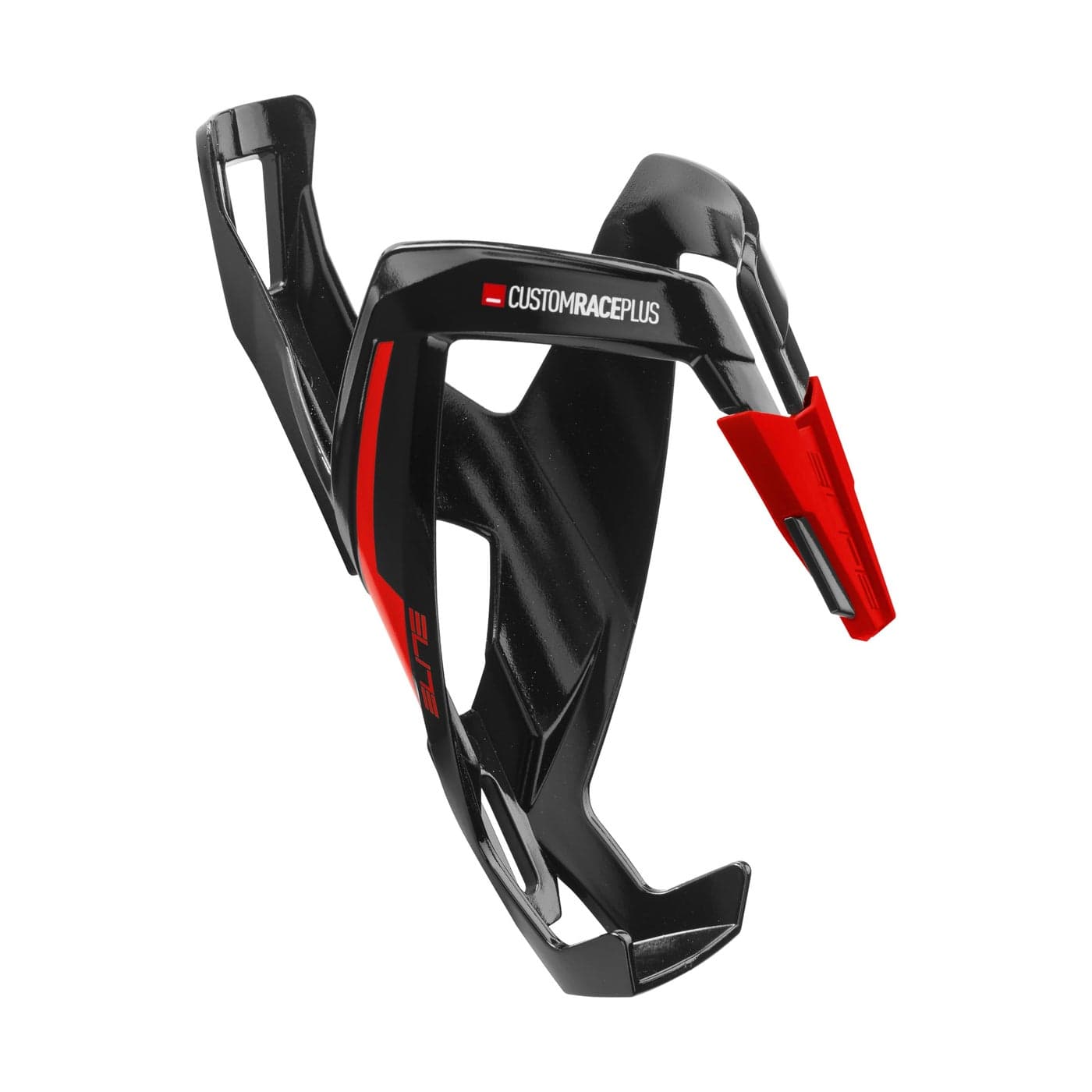 Elite Custom Race Plus Cage Glossy Black Red Graphic Advanced Bottle Cage with SelfAdjusting Retention System