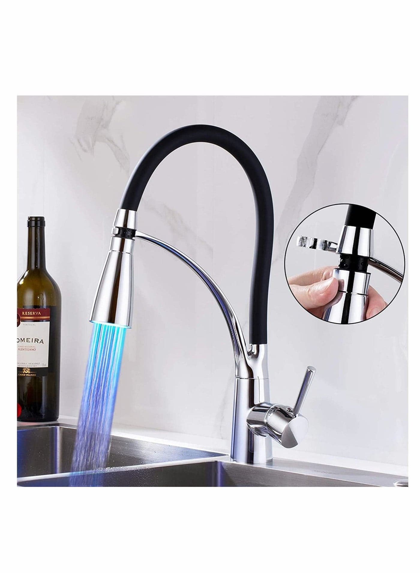 LED Kitchen Sink Mixer Tap, Pull Down Spray 360 Degree Rotation Spout, with 3-Colour Temperature Display, Black Hose Single Handle Cold and Hot Water Brass Tap