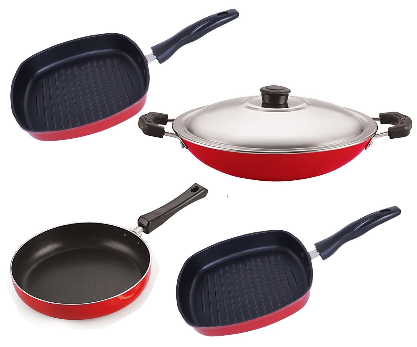 Nirlon Non-Stick Aluminium Cookware Set, 4-Pieces, Red (FP10_AC_GP22.5_GP24)