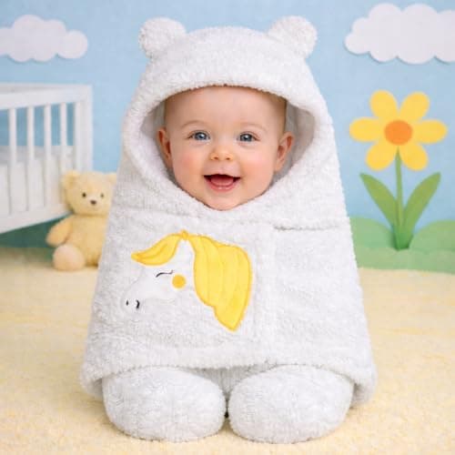 MOM & SON Newborn Baby Swaddle Blanket with Hood, Baby Wrap | Swaddle Wrapper |Baby Sleeping Bag (White, 0-6 Months)