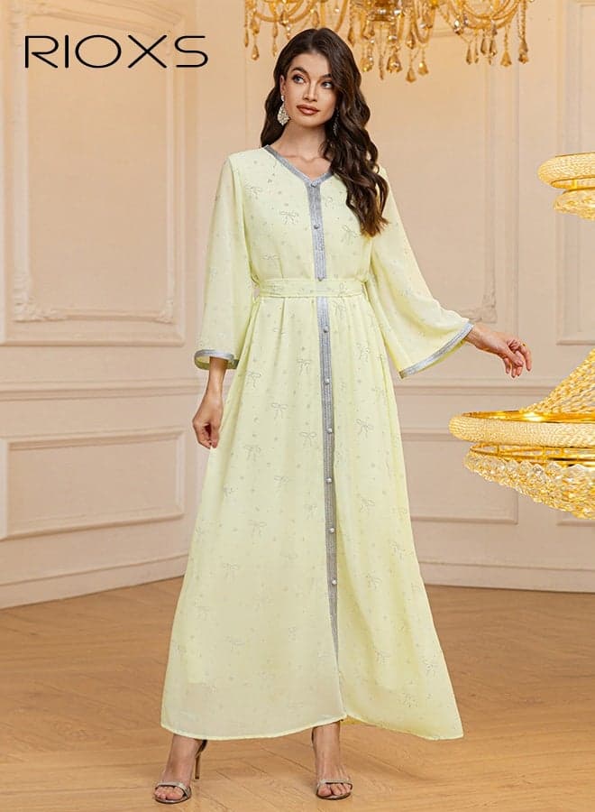 Muslim Abaya Dress for Women, Stylish Printed Dress Simple Maxi Dress, Ladies Saudi Arabia Muslim Robe, Chiffon Diamond Ironing Pleated Long Dress, Arab Formal Dresses, Elegant Evening Dress, Lady's Dress for Parties Festival and Special Occasions, Yellow Flowy Dresses