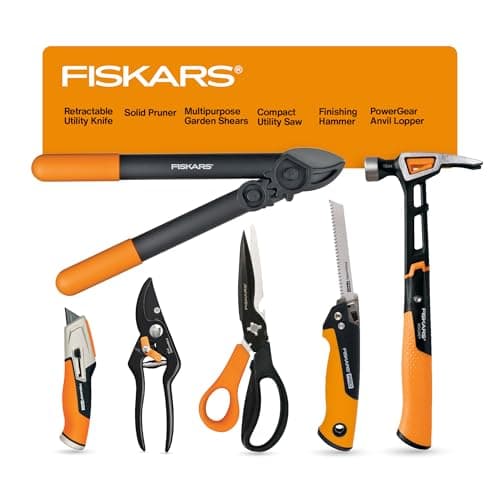 Fiskars Home Essentials Tool Kit with PowerGear Lopper, Shears, Bypass Pruner, Folding Saw with 2 Blades, IsoCore Hammer, and Utility Knife, for Indoor Use and Outdoor Gardening (6 Piece Kit)