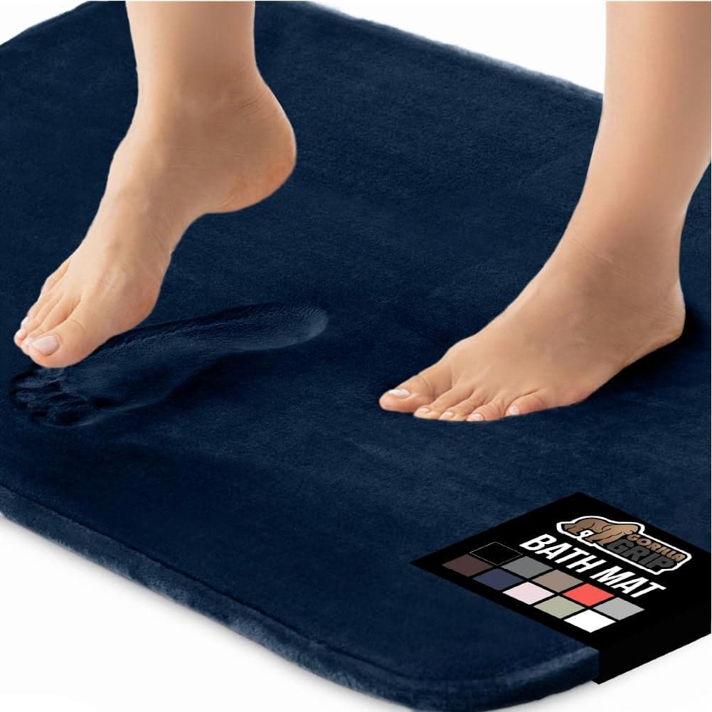 GORILLA GRIP Memory Foam Bath Rugs Soft Absorbent Velvet Bathroom Mats Durable Dots on Underside Machine Washable Bathmat Carpet Rug Room Decor for Shower Floor 24x17 Mat Navy Blue