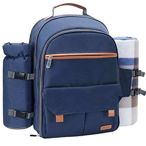Sunflora Picnic Backpack for 4 Person Set Pack with Insulated Waterproof Pouch for Family Outdoor Camping (Navy Blue)