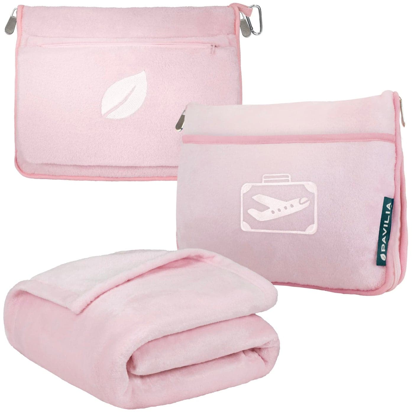 PAVILIA Travel Blanket Pillow in Soft Bag with Pockets Airplane Blanket Set Plane Blanket Compact Packable Flight Essentials Car Pillow Travelers Accessories Gifts Luggage Strap Light Pink
