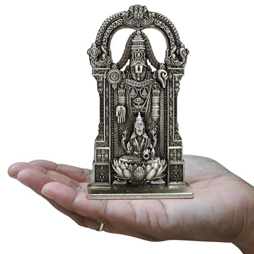 anciently Tirupati Balaji Idol with Lakshmi for Car Dashboard | Venkateswara Idol with Lakshmi for Car Dashboard, Metal, 1 Piece (Silver Colour)