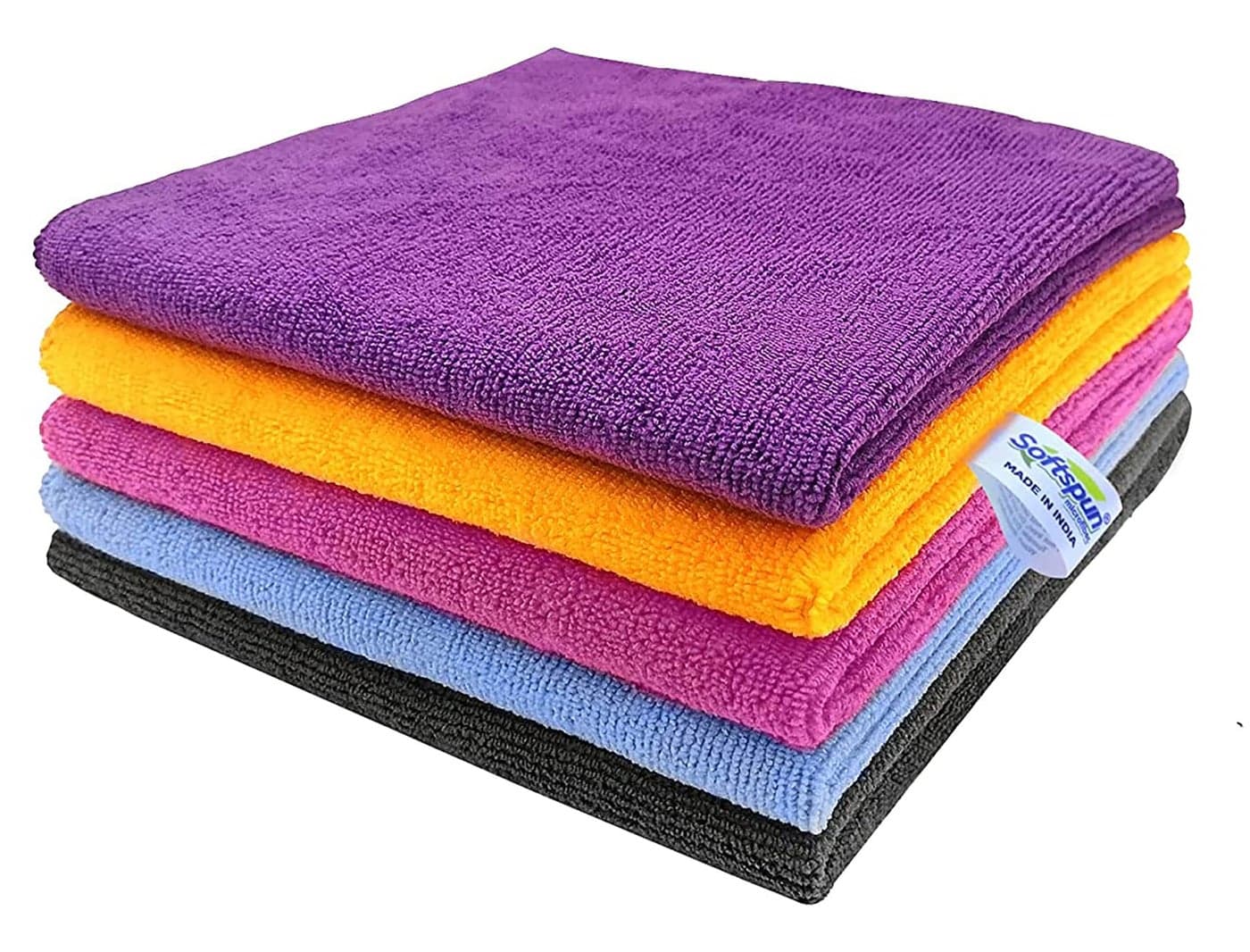SOFTSPUN Microfiber Cleaning Cloths 5pcs 40x40cms 340GSM Multi-Colour Highly Absorbent Lint and Streak Free Multi -Purpose Wash Cloth for Kitchen, Car, Window, Stainless Steel, Silverware.