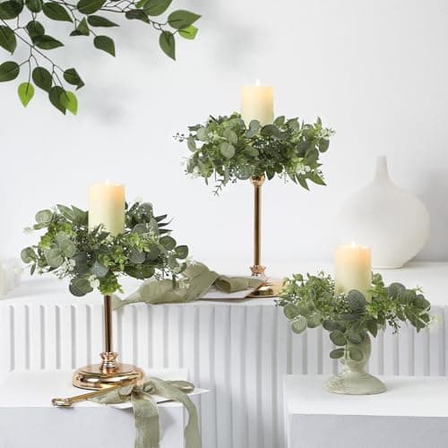 Thiccywoov 6 Pcs Artificial Eucalyptus Leaves Candle Rings Wreaths 9 8 Inch Small Boho Greenery Wreath Pillar Candle Holder for Candleholders Kitchen Cabinet Wedding Home Door Table Decor
