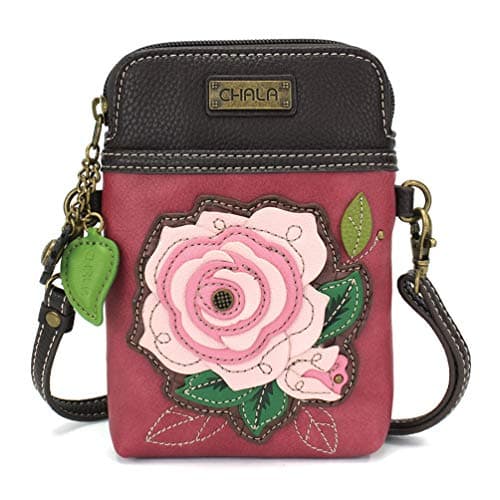 CHALA Plant Life Collection Cell Phone Crossbody Purse-Women PU Leather/Canvas Multicolor Handbag with Adjustable Strap - Rose A - pink