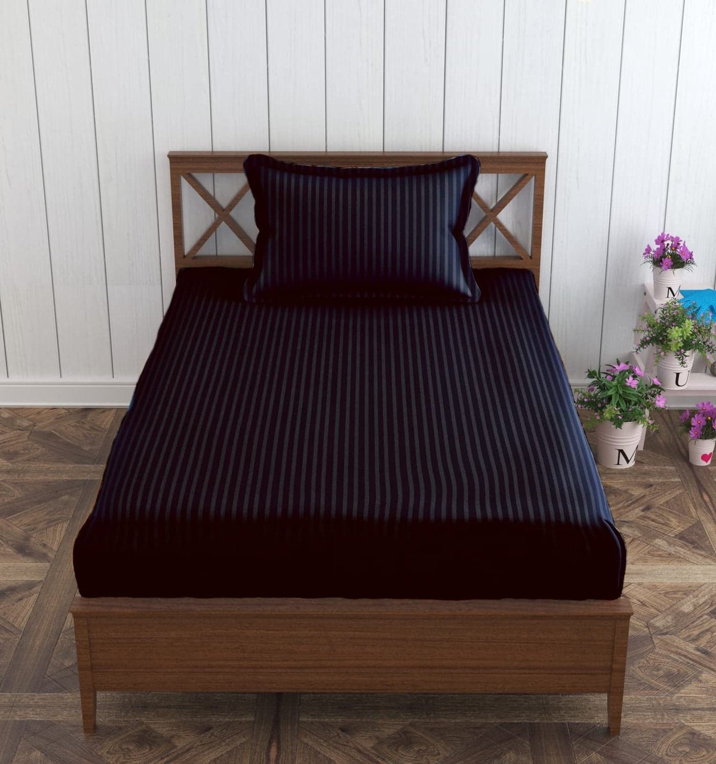Trance Home Linen 100% Cotton 80x38 inch 200TC Satin Stripe Elastic Fitted Bedsheet | College/Hostel Use Fitted Bedspread with 1 Pillow Cover (80"x38" | 6.6x3.1 feet, Black)