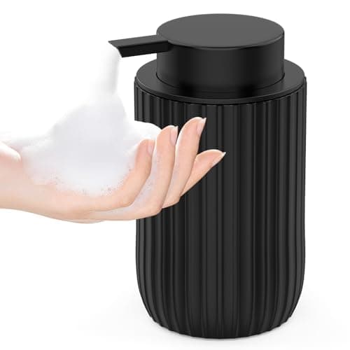 POSOSTO Ceramic Foaming Hand Soap Dispenser,12 oz Bathroom Soap Dispensers, Lotion Dispenser for Kitchen, Refillable Matte Streaks Soap Dispenser with Large Pump (Black)