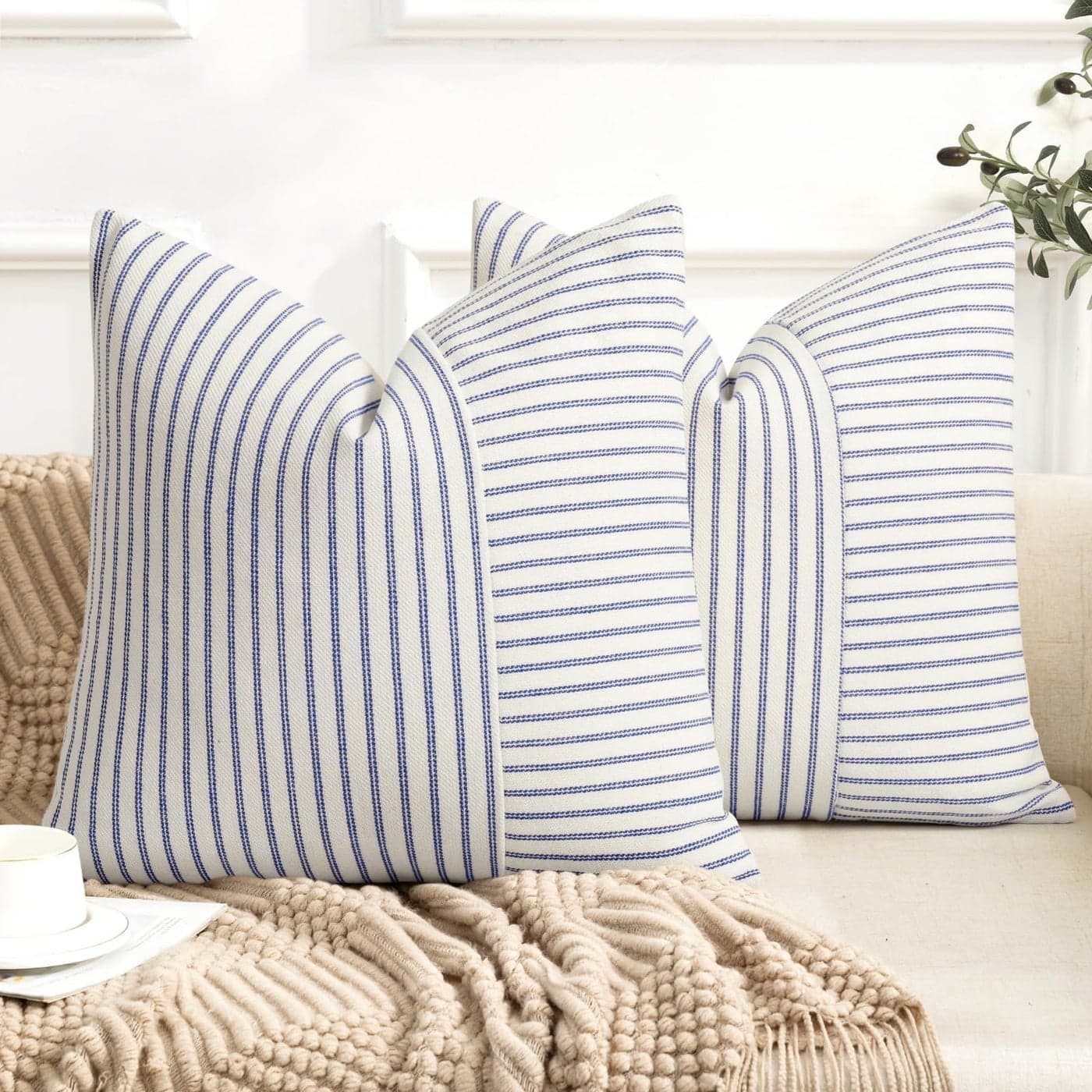 YCOLL Farmhouse Pillow Covers 16x16 Modern Accent Square Throw Pillow Covers Set of 2 Blue and Beige Striped Patchwork Linen Decorative Pillows Cushion Covers for Couch Chair Bedroom Home Decor