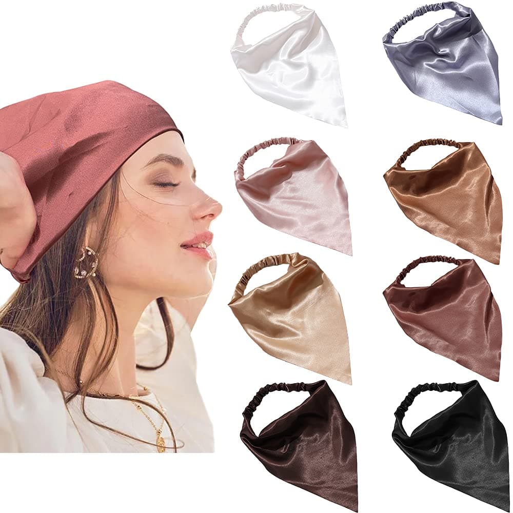 DINPREY Elastic Hair Scarf Headbands Silk Hair Bandanas Scarf Solid Head Kerchief Headbands with Clips for Women 8 Colors Set