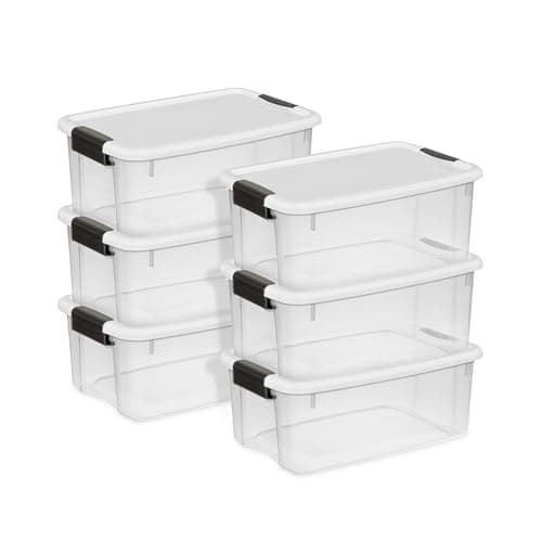Sterilite 6Pack Ultra Latching Box Storage Bins with Lids Clear Plastic 18 Quart HeavyDuty Organizing Containers for Closet Bathroom and Office