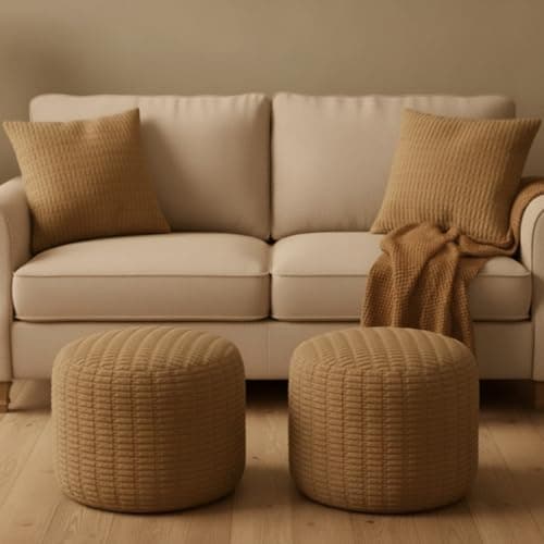 HunnmingRe 2 Pcs 20 x 15 Inch Unstuffed Ottoman Pouf Cover Corduroy Foot Rest - No Filler, Striped Foot Stool Floor Bean Bag Floor Chair Storage for Modern Farmhouse Bedroom Home Decor (Light Brown)