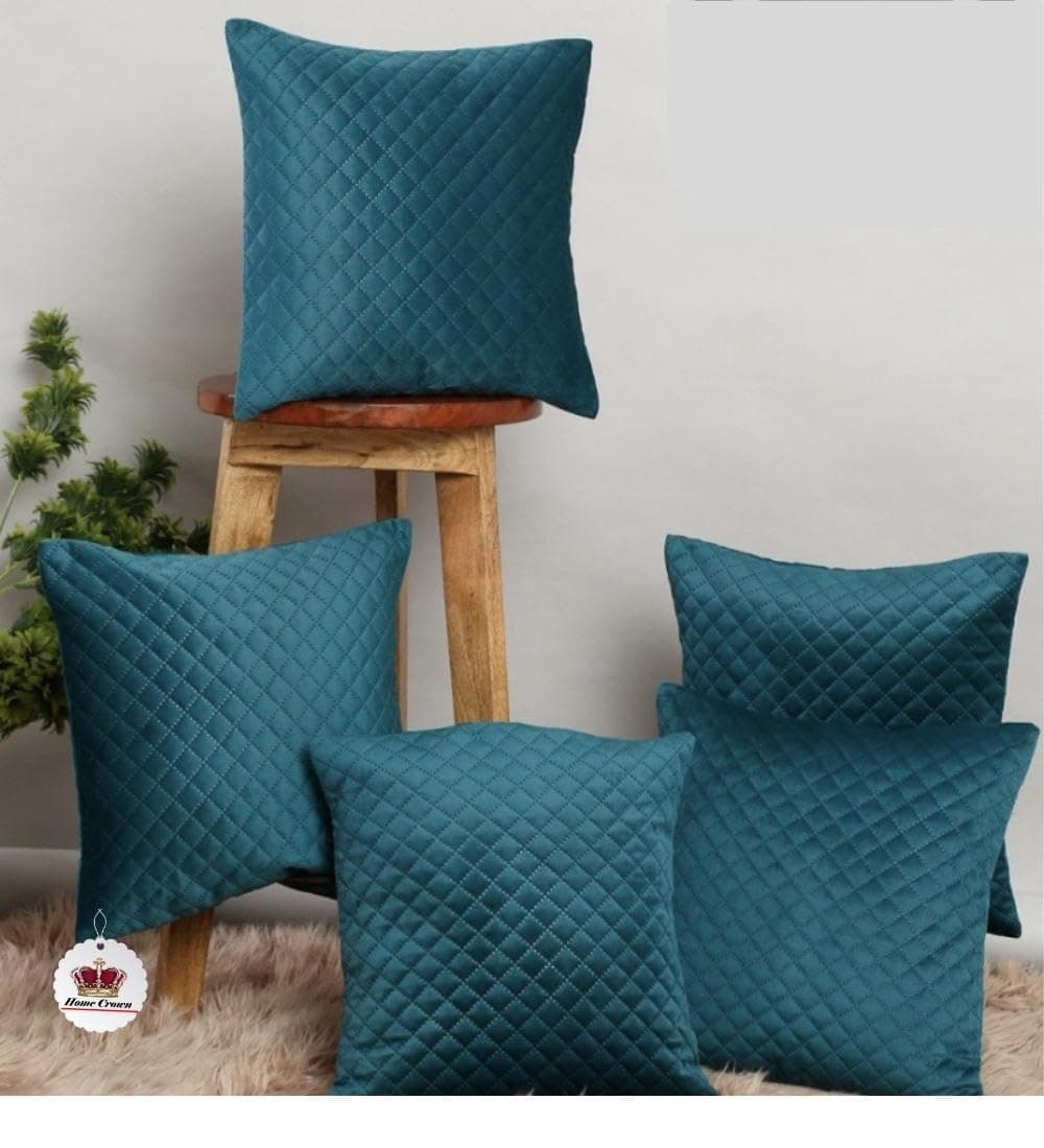 HOMECROWN 16x16 Inch Quilted Velvet Cushion Covers Set of 5 – Soft Decorative Throw Pillow Cases for Sofa, Couch, Bed, and Living Room – Zipper Closure, Sea Green