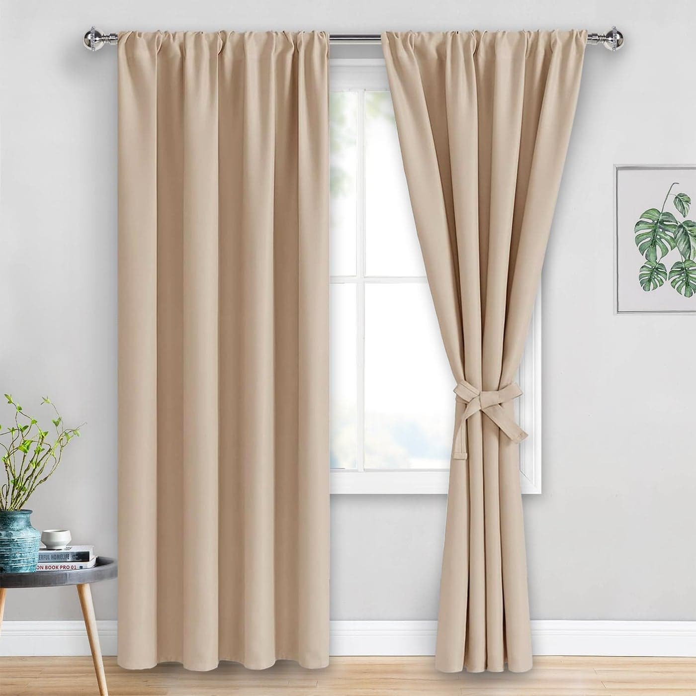 JIUZHEN Blackout Curtains for Bedroom Thermal Insulated Room Darkening Rod Pocket Curtains for Living Room Set of 2 Panels with Tiebacks 42 x 84 Inch Length Beige