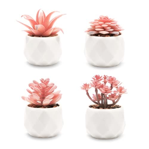 VIVERIE Mini Succulents Plants Artificial in Pots-Rose Pink, Christmas Small Fake Succulents Plants for Home Halloween Decor Indoor for Women, White Ceramic, Set of 4, Gifts for Mom