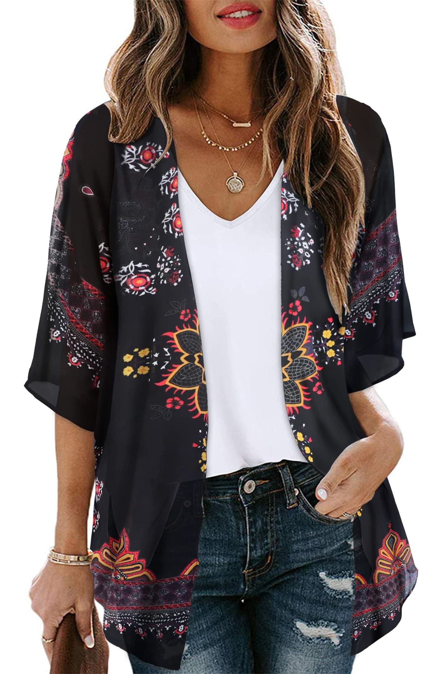 Womens Kimonos Beach Cover Up Chiffon Cardigan Floral Blouse Loose Fit Cape Top Summer Resortwear(Orange Black,L)