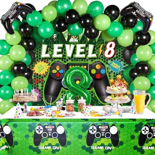 Vlipoeasn 90PCS 8th Birthday Video Game Party Decorations for Boys Green 8th Birthday Video Game Backdrop Balloons Tablecloth Gamer and 8 Foil Balloons for 8th Year Old Party Supplies