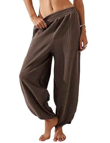Himosyber Women Cotton Pants Wide Leg Pants Casual Loose Baggy Elastic Waist Beach Palazzo Harem Pants (Coffee-XS)