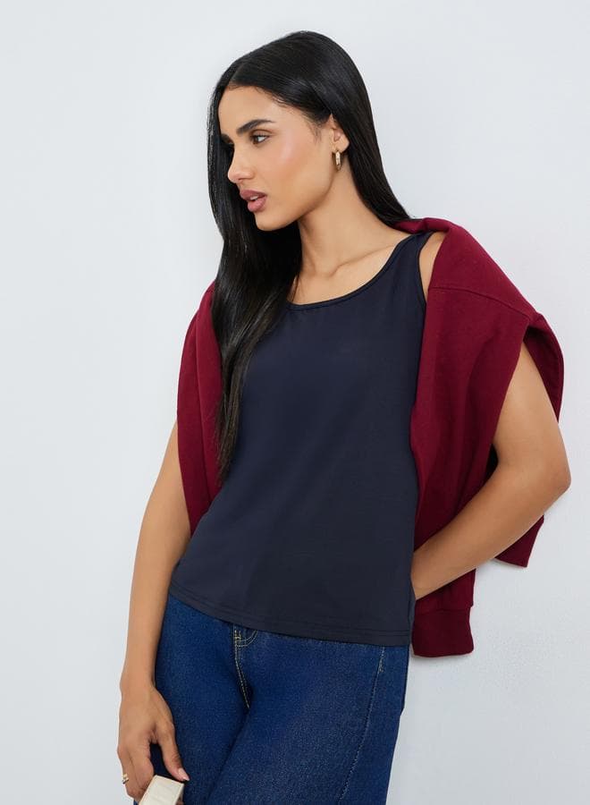 Blue Solid Round Neck Cami Top