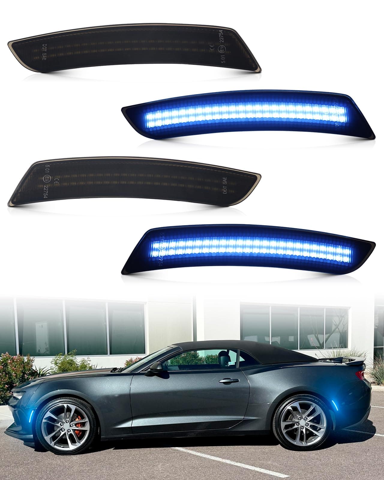 PWOBVZ LED Side Marker Lights for Chevy Camaro 2016 2017 2018 2019 2020 2021 2022 2023 Smoked Lens Blue Front Rear Bumper Day Running Lamp pack of 4