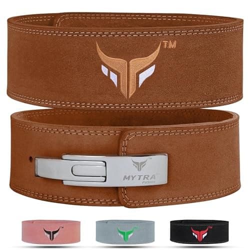 Gym Belt quality adjustable steel Lever Buckle Weight Lifting Leather Deadlifts Olympic Powerlifting Bodybuilding Fitness Workout Training Mytra Fusion heavy lifts competition mens women maximum back support intense stability secure tight fit squat Powrlifting Powelifting Weightlfting Gymbelts Squat
