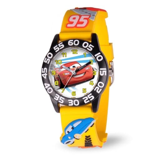 Disney Pixar Cars Lightning McQueen Watch for Kids - Boys Watch - Toddler Watches - Kids Toys Boys for Toddler - Watches Teen - Black Bezel - 3D Yellow Strap