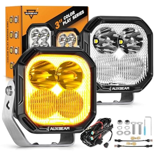 Auxbeam Color Play Series 3 Inch LED Pods, Offroad Light with Amber/White DRL & Turn Signal 100W Spot Flood Combo Beam Off Road Lighting Fog Cube Ditch Light Bar for 4x4 Jeep Truck, 2 Years Warranty