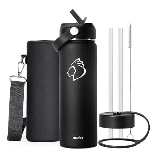 BUZIO 24 oz Insulated Water Bottle, Stainless Steel Wide Mouth Water Flask with Straw Lid, Cold for 48 Hrs Leak Proof Metal Hydro Thermo Canteen Mug, Black