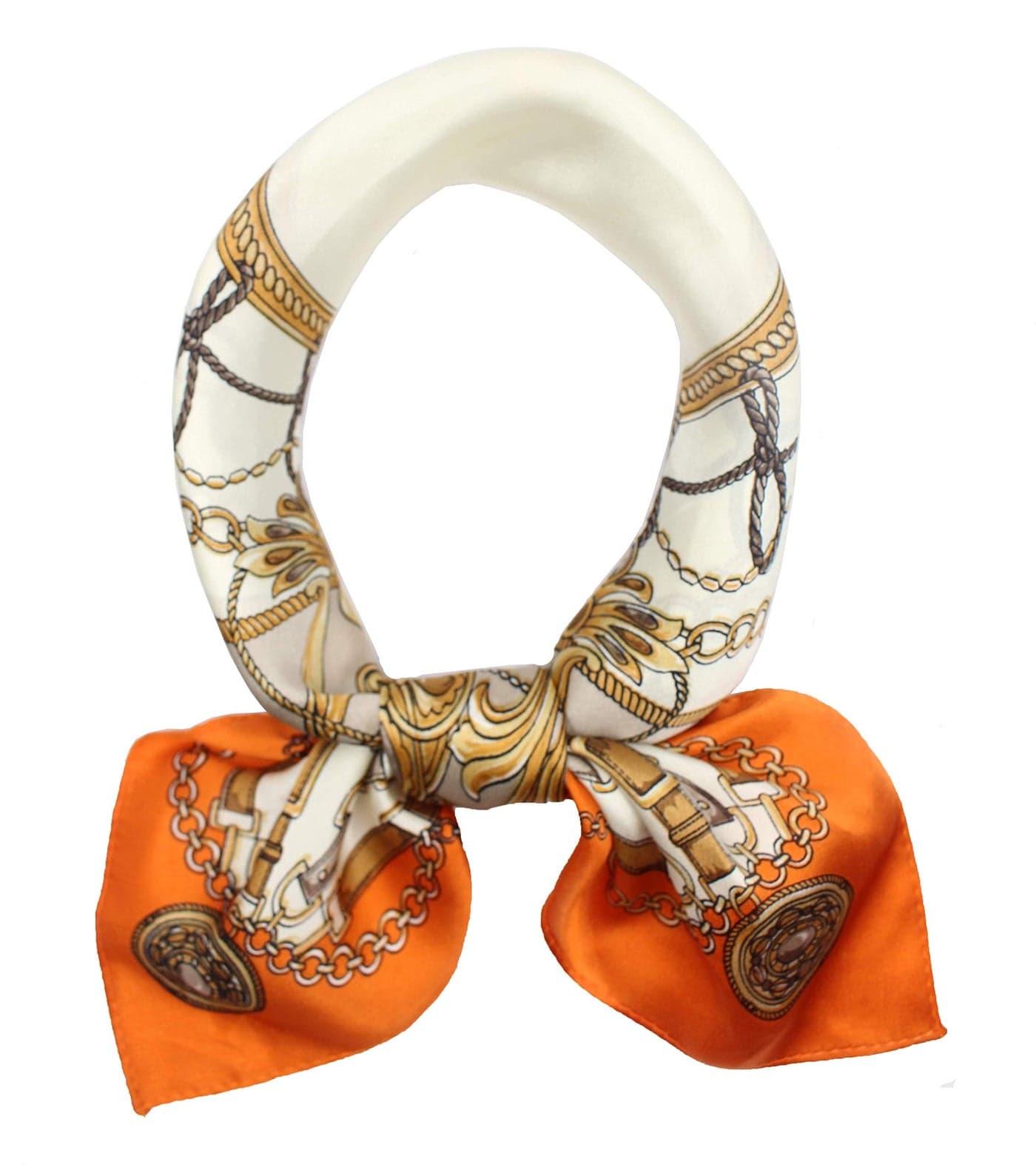 100% Small Square Pure Mulberry Silk Scarf -21'' x 21''- Breathable Lightweight Neckerchief -Digital Printed Headscarf (Orange-Chains)