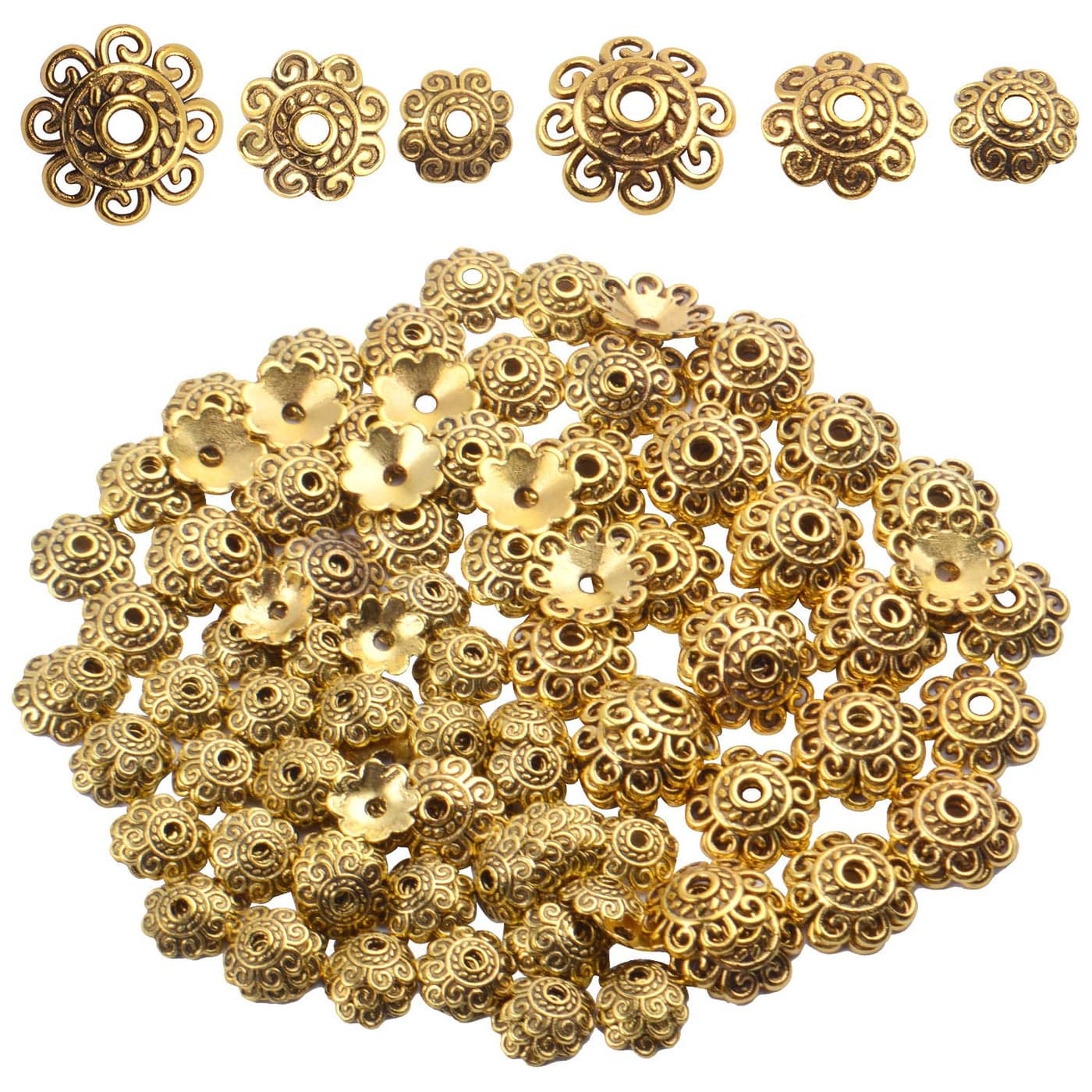 BronaGrand 200pcs 8mm10mm12mm Bead Caps Spacer Beads Flower Bead Caps Jewelry DIY Findings for Necklace Bracelet MakingAntique Gold