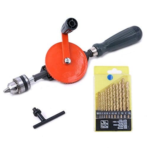Swpeet Powerful Speedy Hand Drill 14Inch Capacity with 13Pcs Drill Bit Set Mini Hand Drill Manual inch with Finely Cast Steel Double Pinions Design Chucks and Grip Handle for Woods Plastics