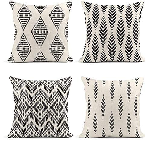 ArtSocket Set of 4 Throw Pillow Covers Ikat Tribal and Boho Bohemian Black Ethnic Herringbone for Ideas Decor Linen Outdoor Pillow Cases Home Decorative Square 16x16 Inches Pillowcases