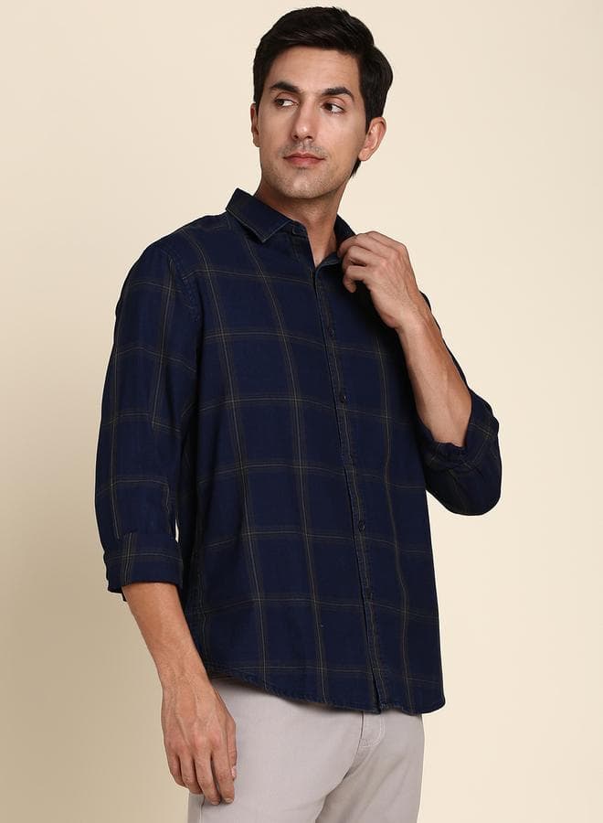 Green Slim Fit Checks Shirt for Men - Cotton, Full Sleeves, Spread Collar, Casual,