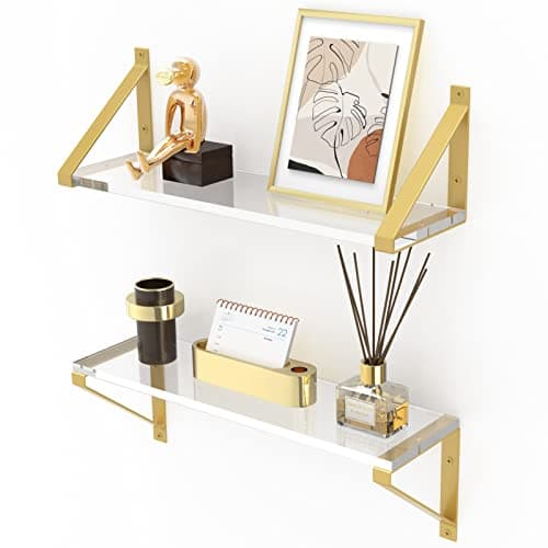 Cilinta Clear Shelves, Gold Floating Shelves Wall Mounted Set of 2, 8mm Transparent Acrylic, Invisible Wall Shelves for Bedroom, Living Room, Bathroom, Kitchen, Office Display Decor (15in)