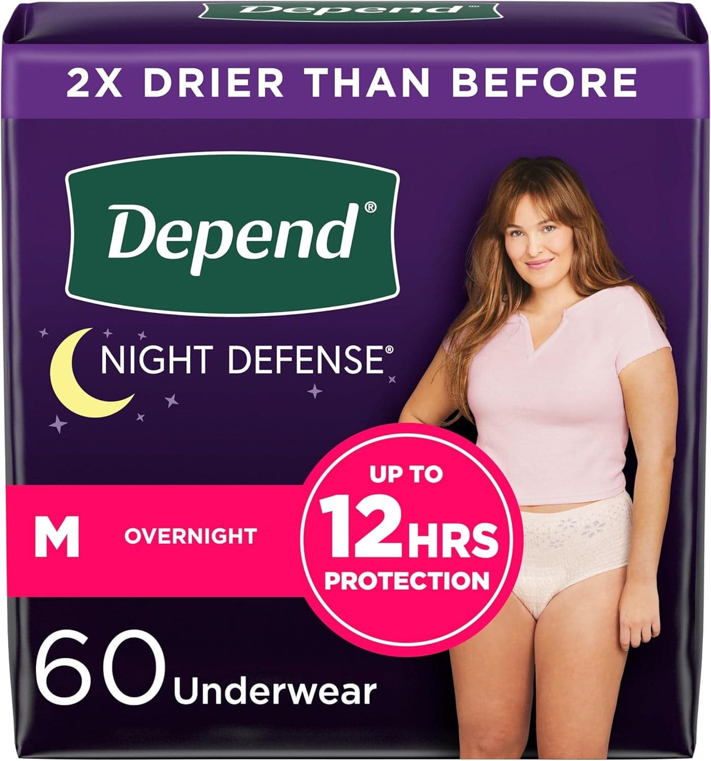 Depend Night Defense Adult Incontinence & Postpartum Bladder Leak Underwear for Women, Disposable, Overnight, Medium, Blush, 60 Count (4 Packs of 15), Packaging May Vary